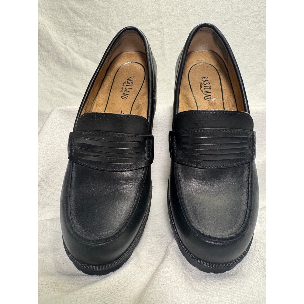 Eastland Black Leather Chunky Lug Sole Penny Loafers Block Heel Womens 8 m